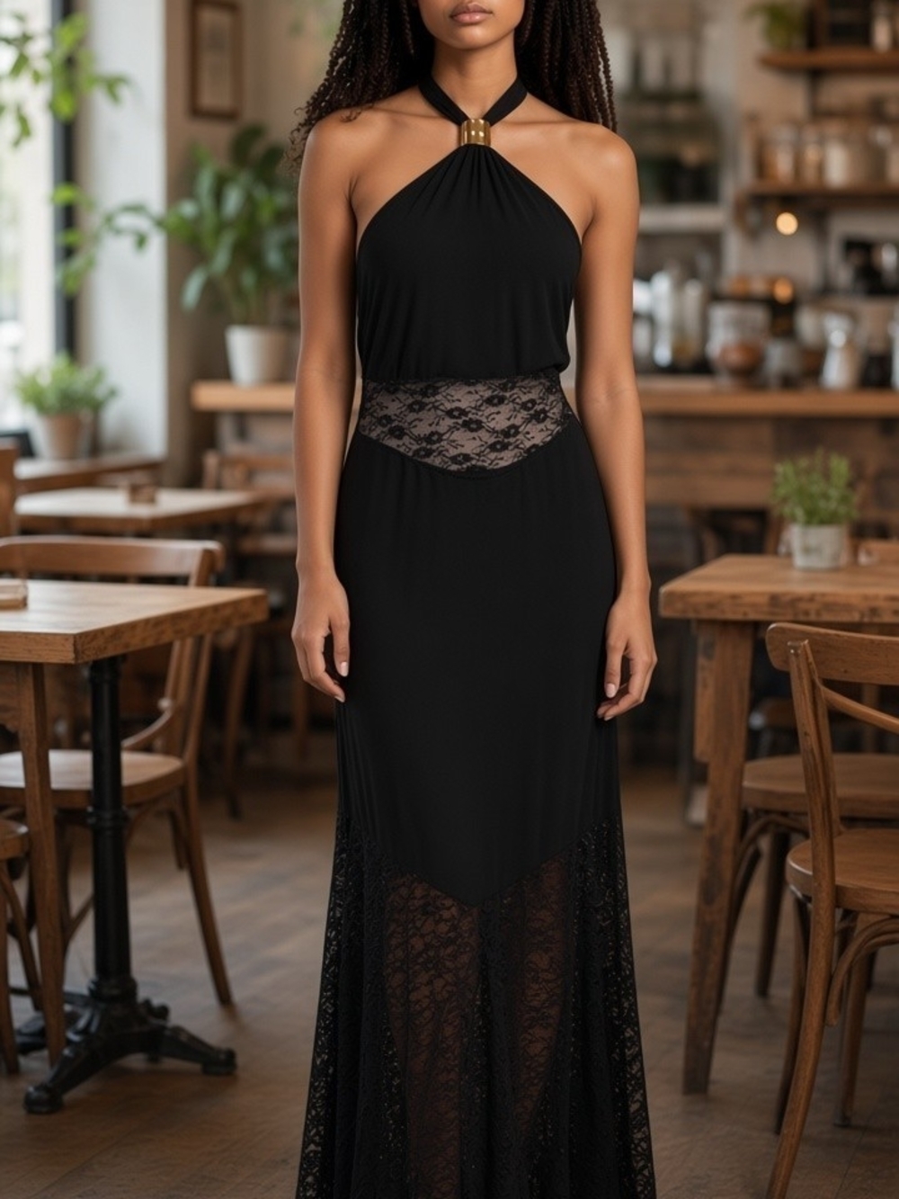 Fashion Nova Elegant Black Halter Lace-Panel Evening Dress Size XL